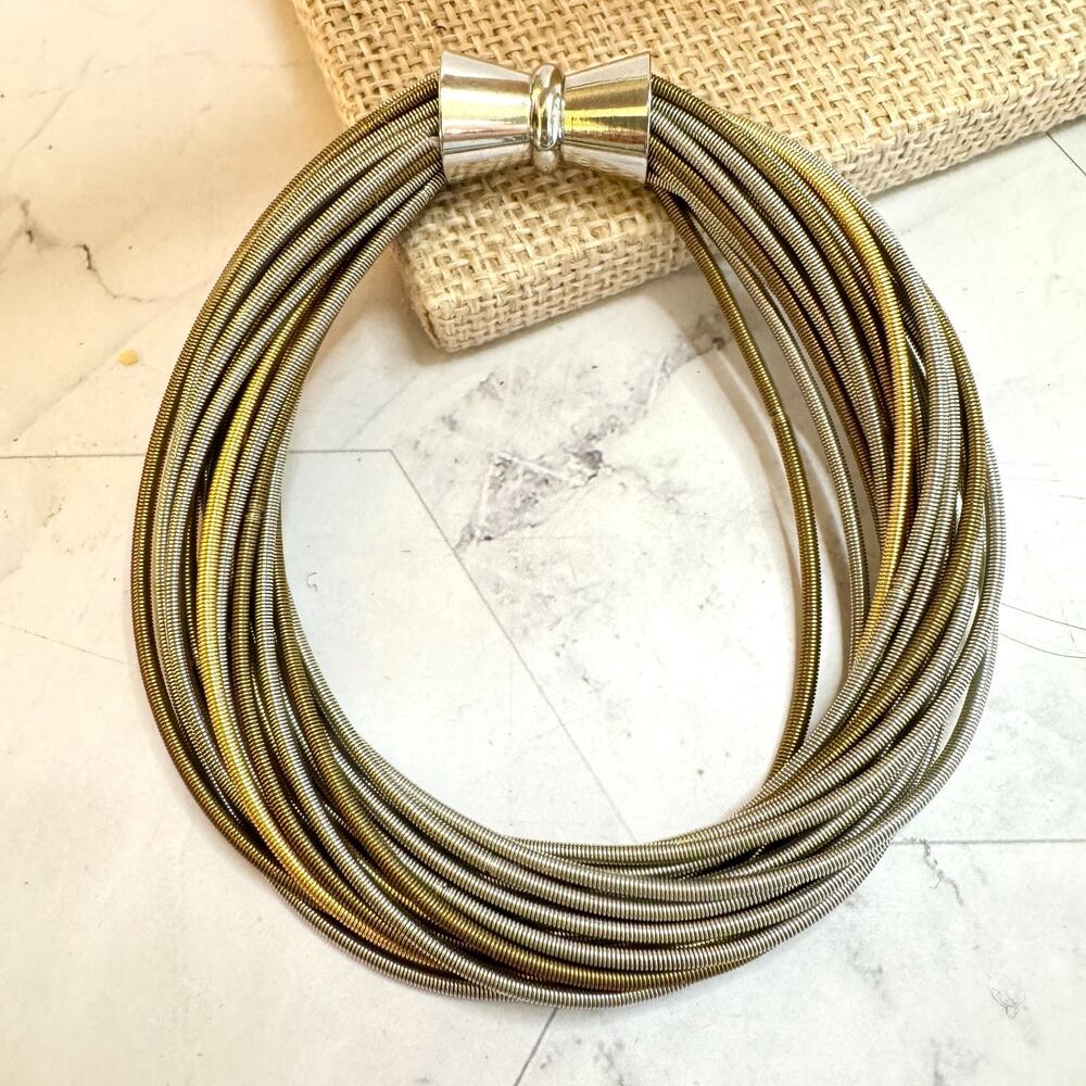 Piano Wire Twist Bracelet Multi Gold & Silver Tone Magnetic Clasp Handcrafted